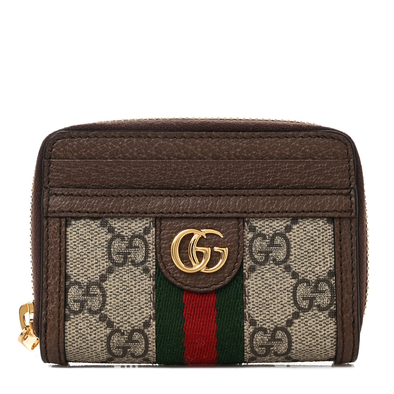Gucci GG Supreme Monogram Textured Dollar Calfskin Web Ophidia Zip Around Card Case Wallet Beige Ebony New Acero 1 of 8