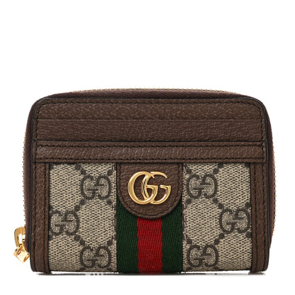 Gucci GG Supreme Monogram Textured Dollar Calfskin Web Ophidia Zip Around Card Case Wallet Beige Ebony New Acero 1 of 8