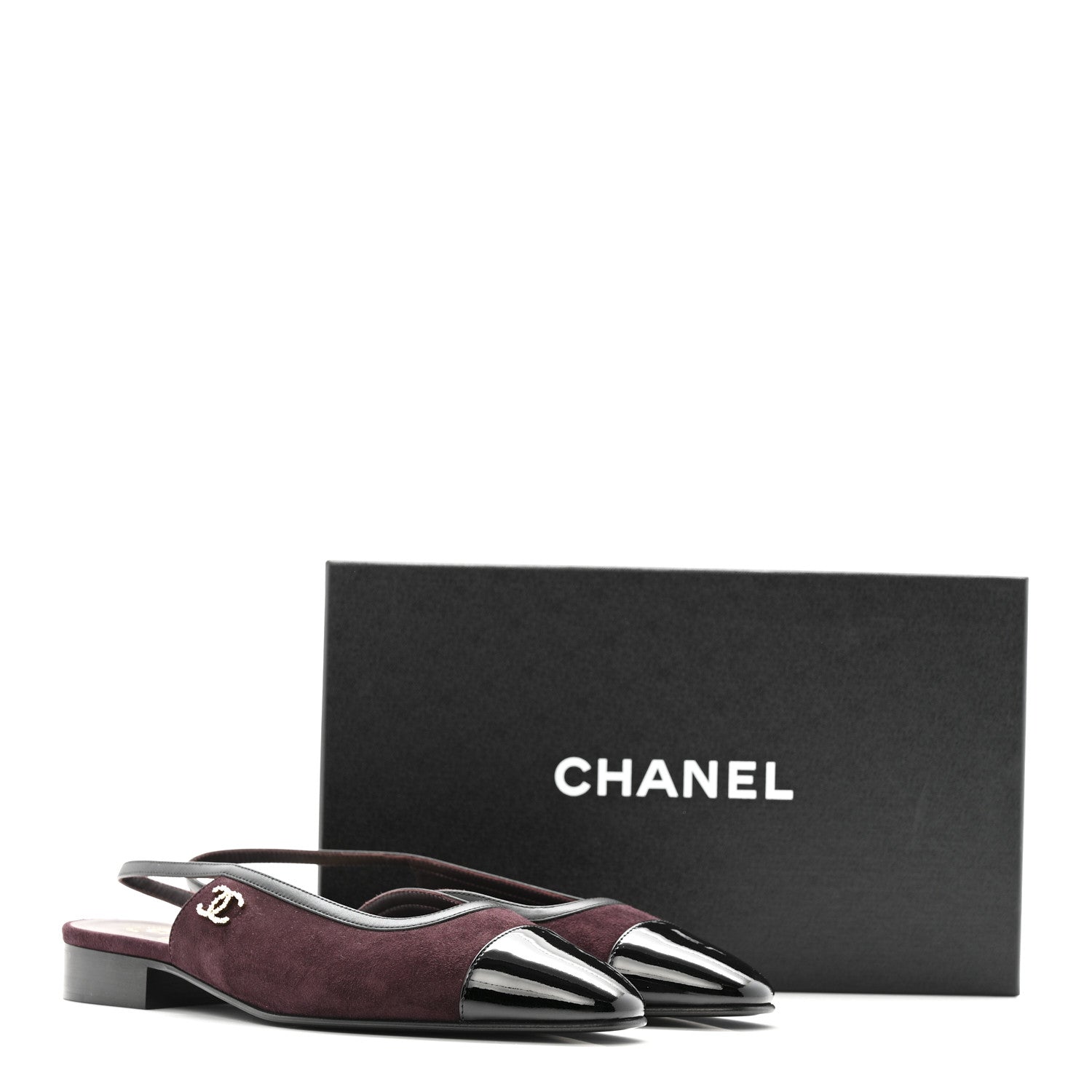 Chanel Suede Patent Crystal CC Cap Toe Slingback Flats 39.5 Burgundy Black 13 of 13