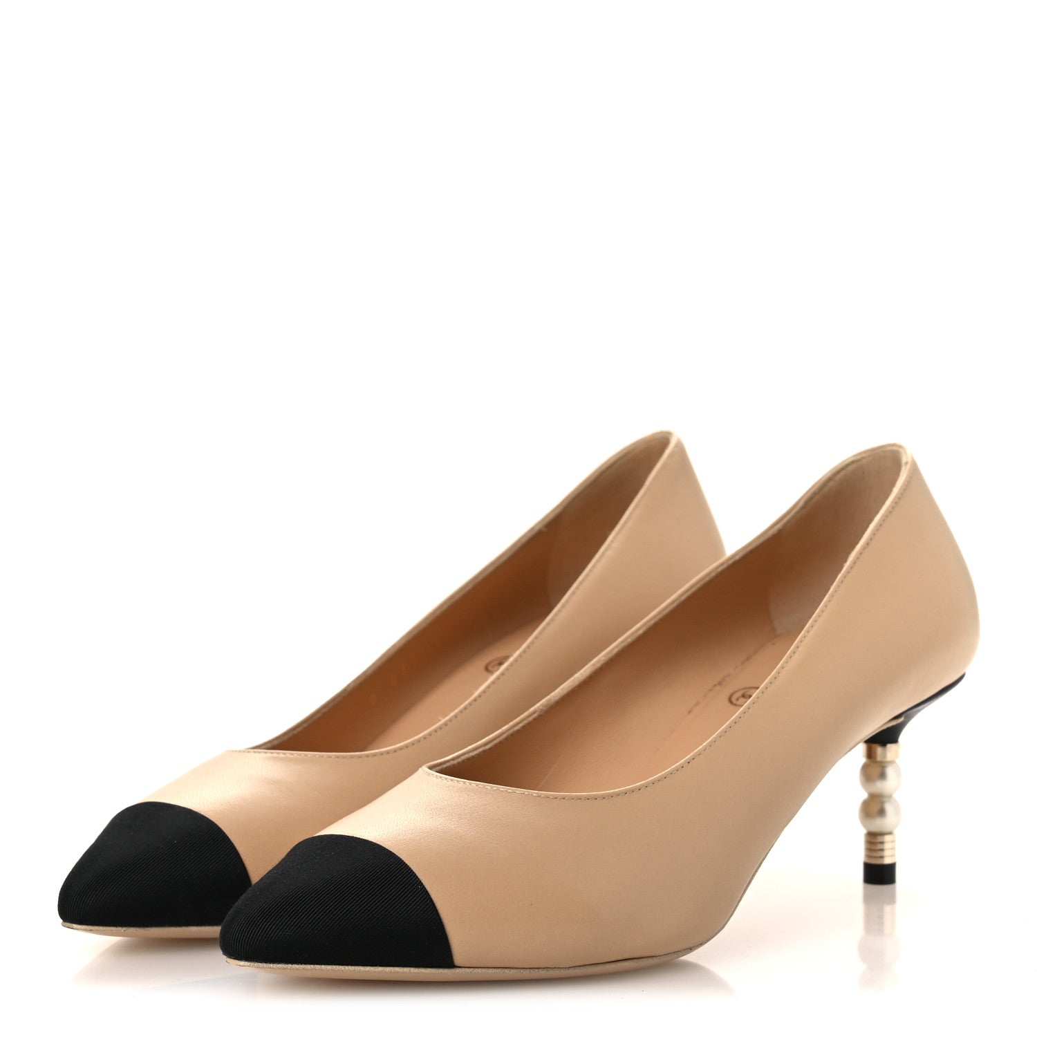Chanel Lambskin Grosgrain Cap Toe CC Pearl Pumps 36.5 Beige Black