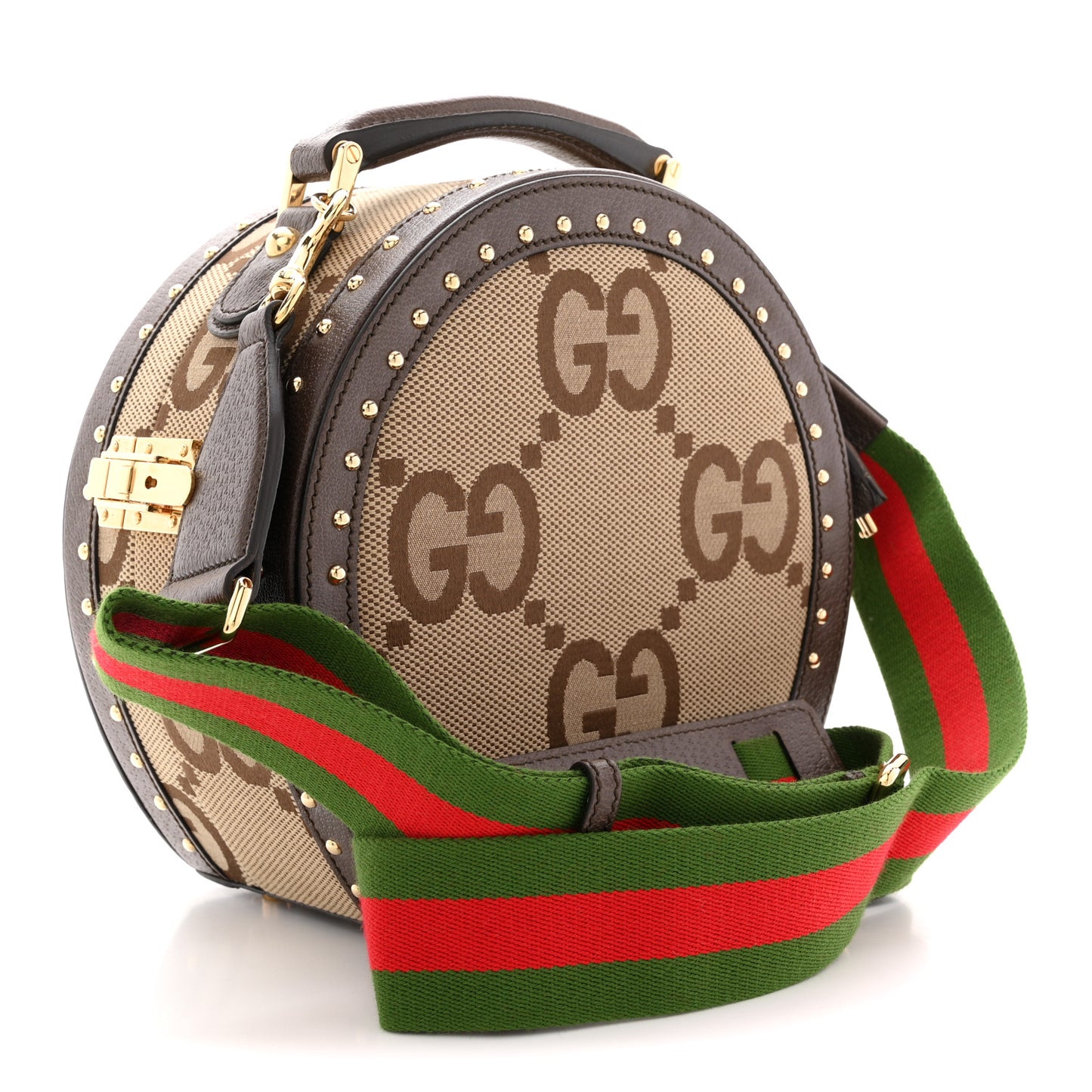 Monogram Jumbo GG Textured Dollar Calfskin Web Mini Savoy Hat Box Camel Ebony New Acero