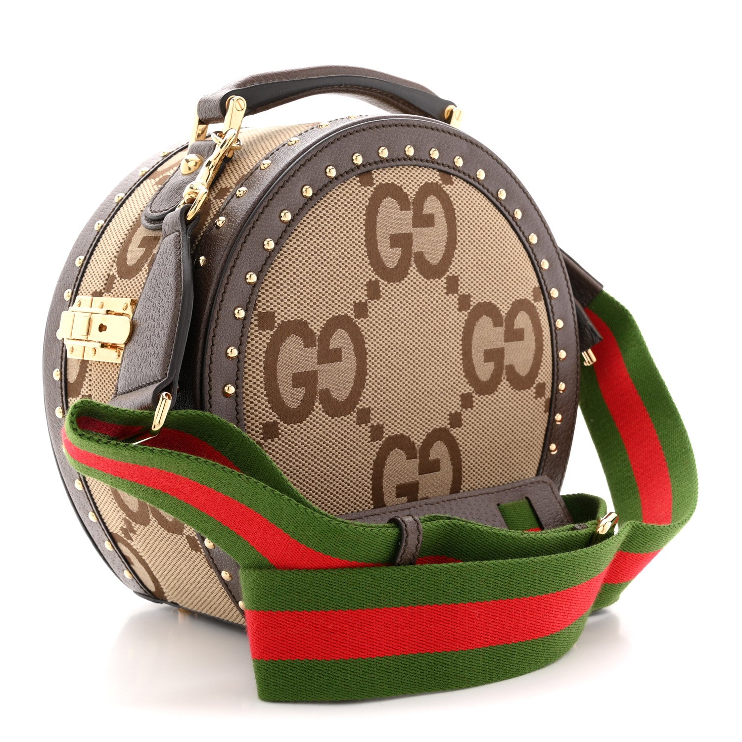 Gucci Monogram Jumbo GG Textured Dollar Calfskin Web Mini Savoy Hat Box Camel Ebony New Acero 3 of 10