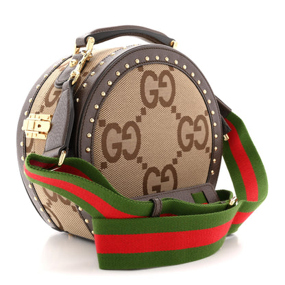 Gucci Monogram Jumbo GG Textured Dollar Calfskin Web Mini Savoy Hat Box Camel Ebony New Acero 3 of 10