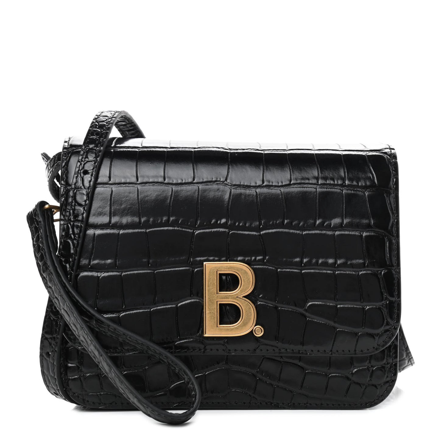 Shiny Calfskin Crocodile Embossed Small B Bag Black