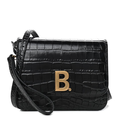 Balenciaga Shiny Calfskin Crocodile Embossed Small B Bag Black 1 of 9