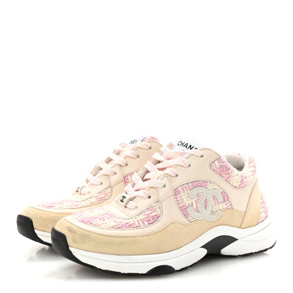 Chanel Tweed Suede Calfskin Womens CC Sneakers 35 Pink Ecru 4 of 9