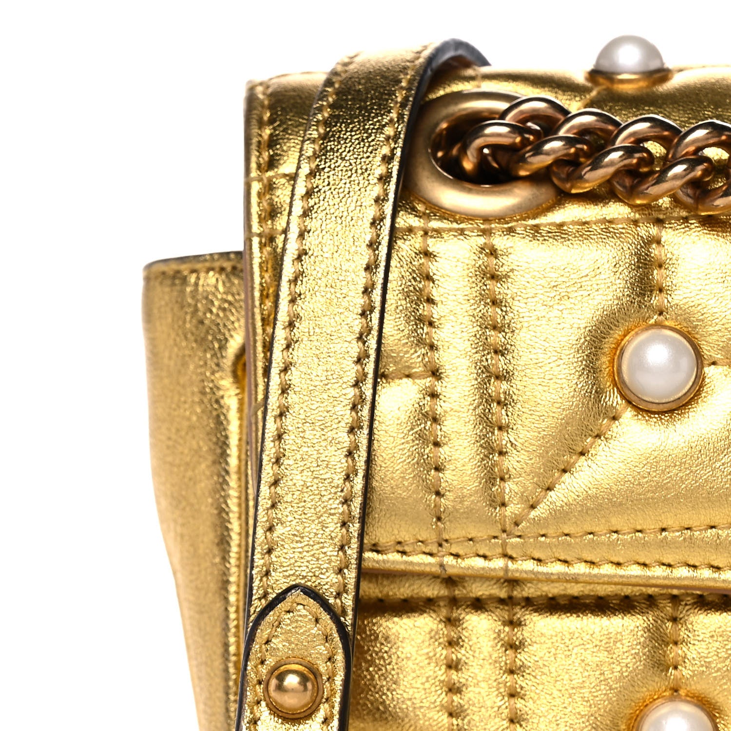 Gucci Metallic Calfskin Matelasse Studded Mini Pearly GG Marmont Shoulder Bag Gold 10 of 15