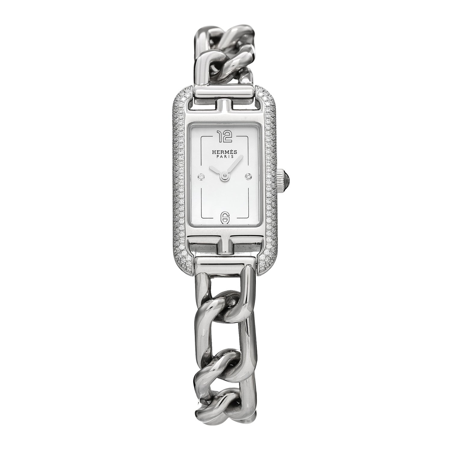 Hermes Stainless Steel Diamond Bezel Mother of Pearl 17mm Nantucket Quartz Watch 1 of 5