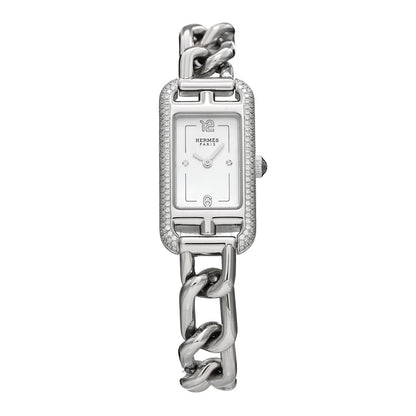 Hermes Stainless Steel Diamond Bezel Mother of Pearl 17mm Nantucket Quartz Watch 1 of 5