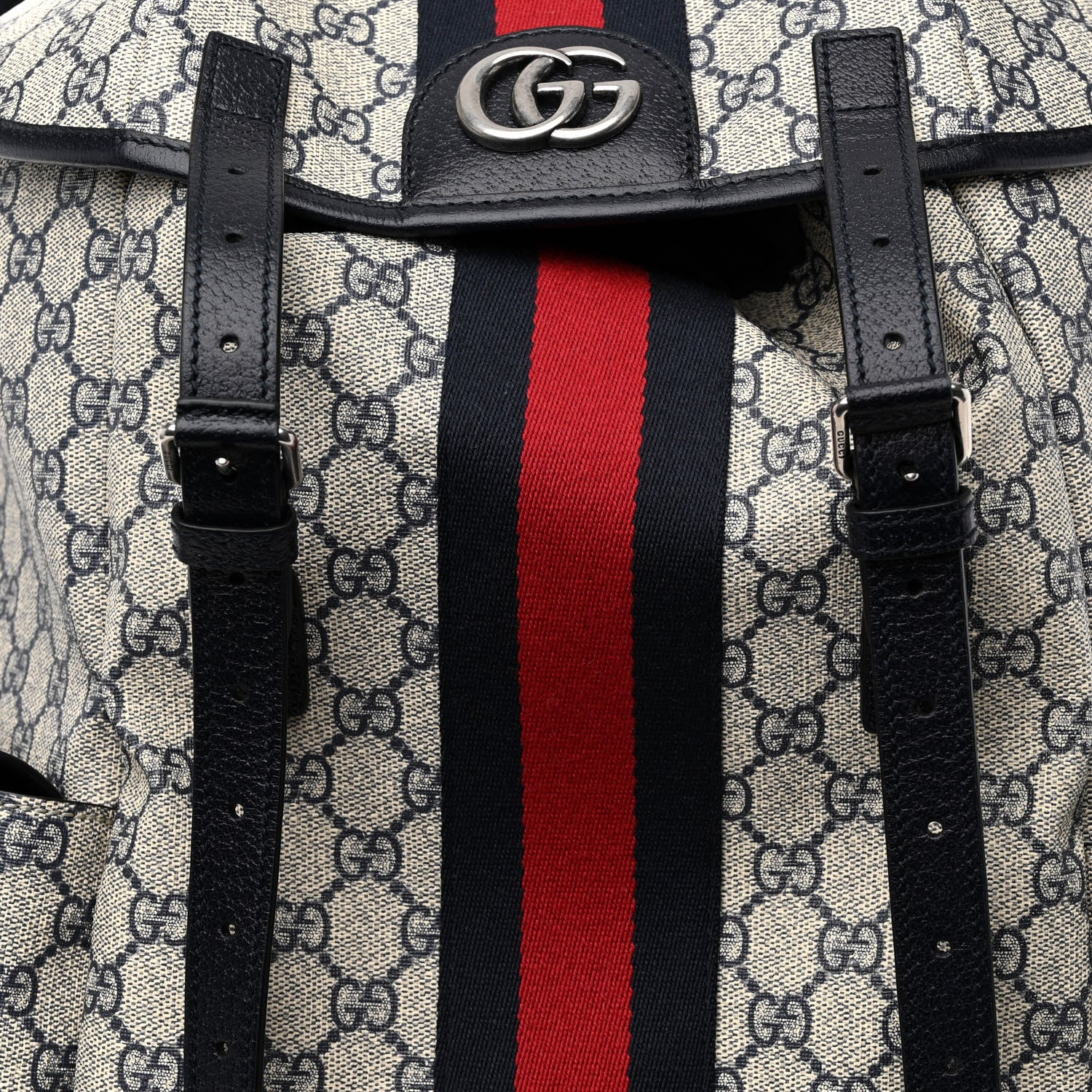 Gucci GG Supreme Monogram Medium Ophidia Double Buckle Backpack Beige Blue Black 7 of 9