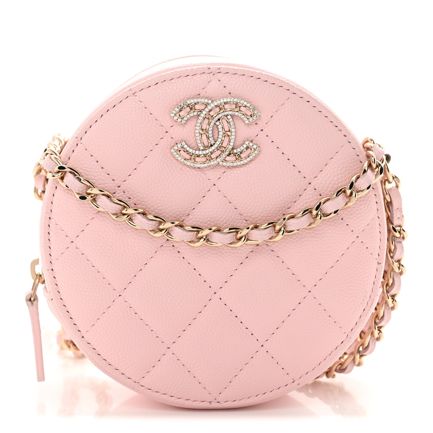 Caviar Quilted Crystal CC Round Clutch With Chain  Pink