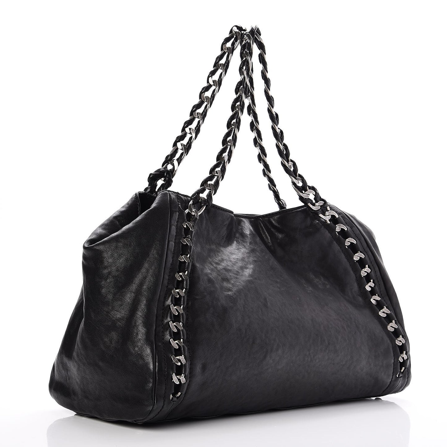Glazed Calfskin East West Modern Chain Tote Black