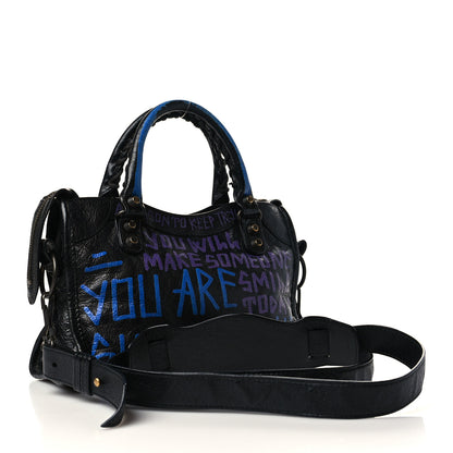 Balenciaga Agneau Arena Graffiti All Over Classic Hardware Mini City Black Bleu Violet 2 of 6