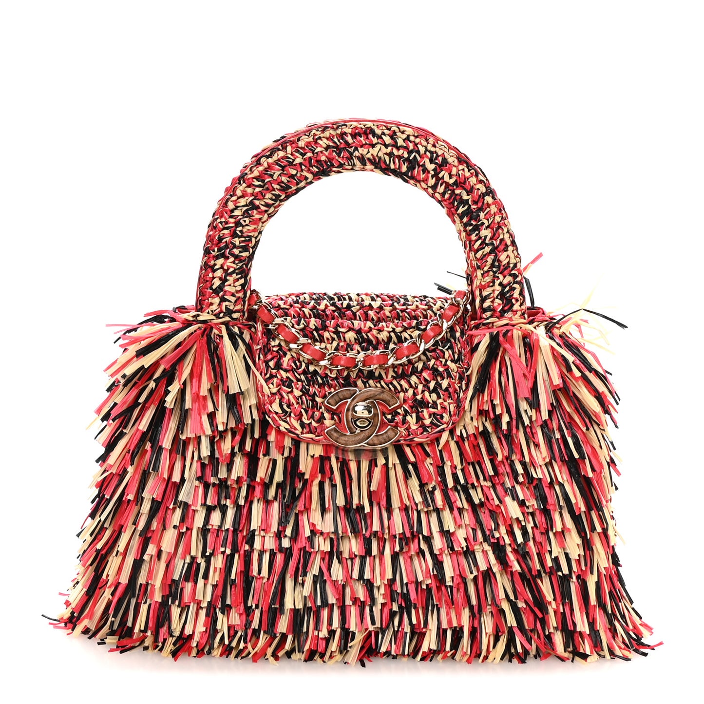 Raffia Fringe Nano Kelly Shopper Red Beige Black