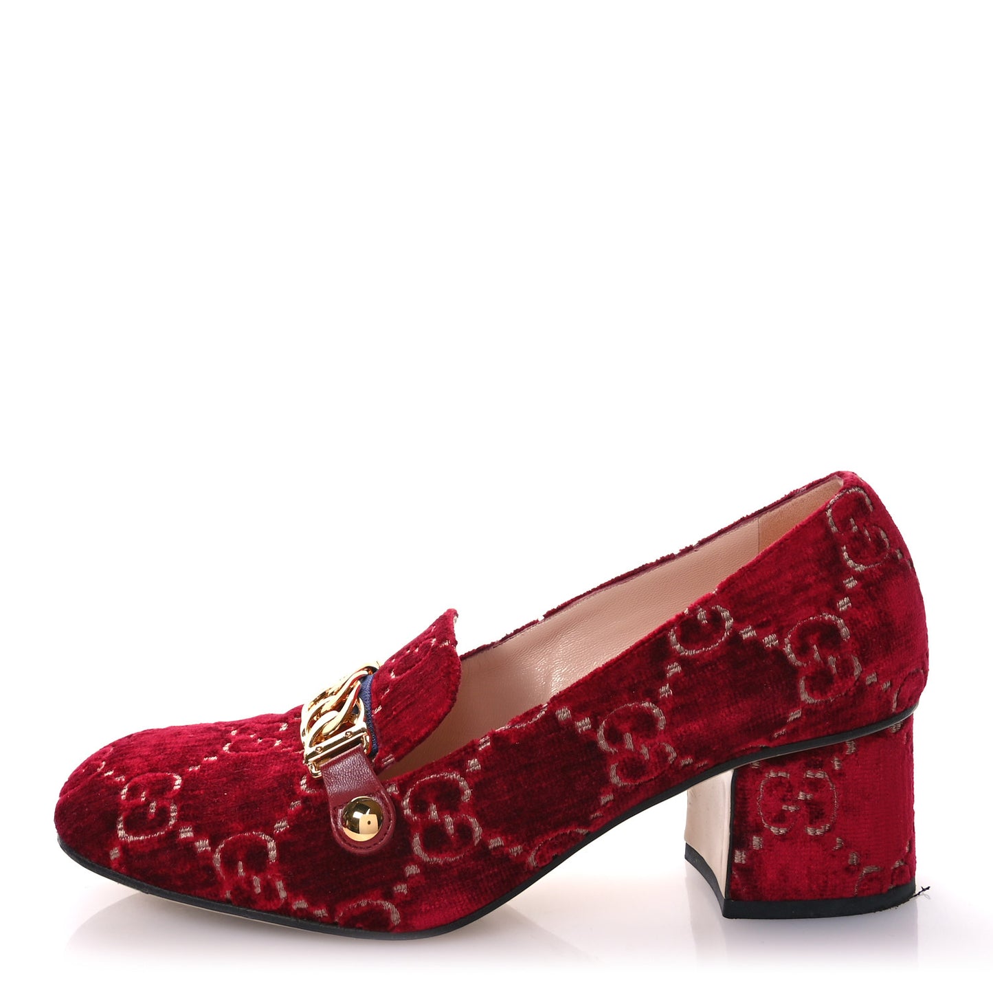 Velvet GG Monogram Sylvie Web Chain Mid Heel Loafers 40 Red Cipria