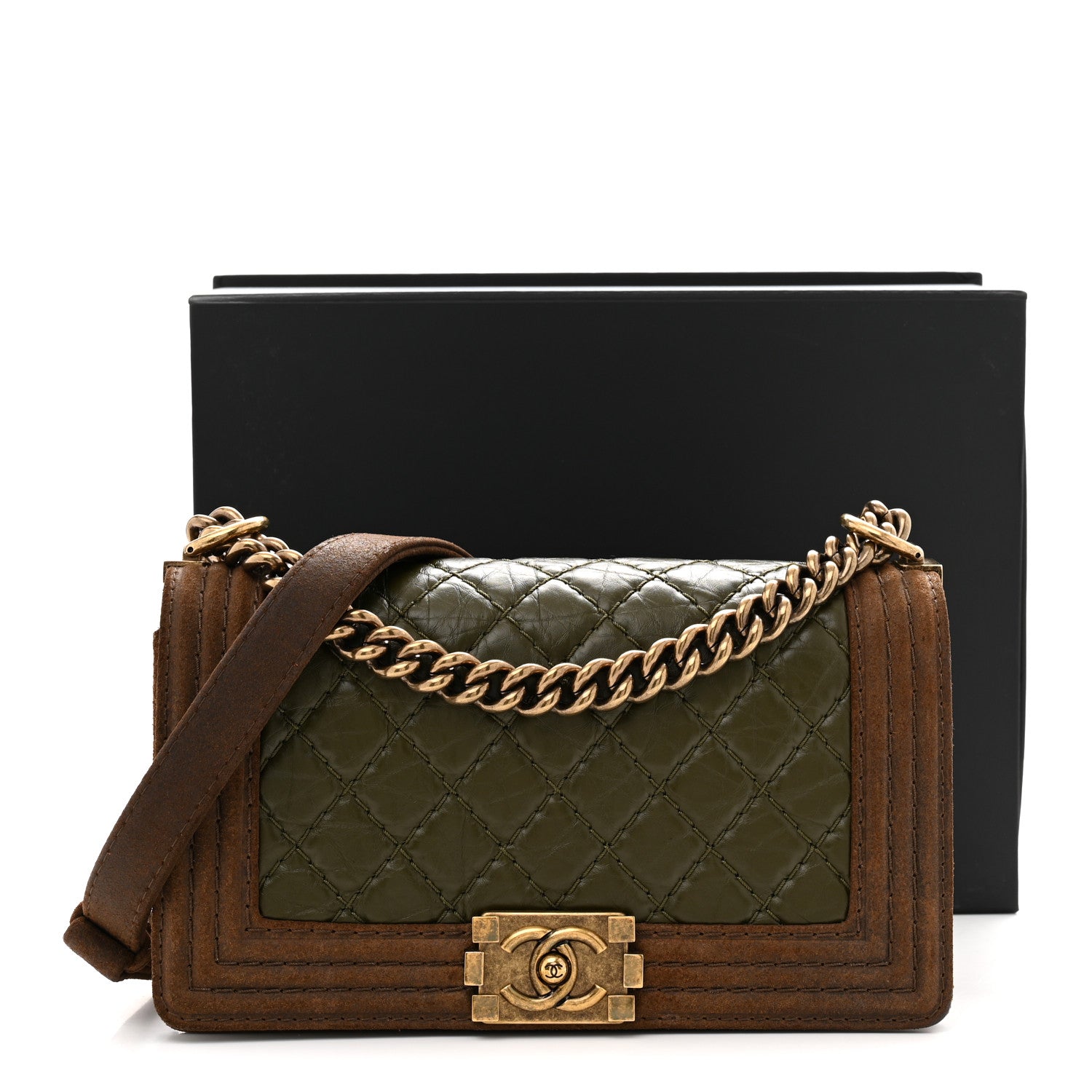 Chanel Suede Calfskin Quilted Medium Boy Flap Green Brown 13 of 13