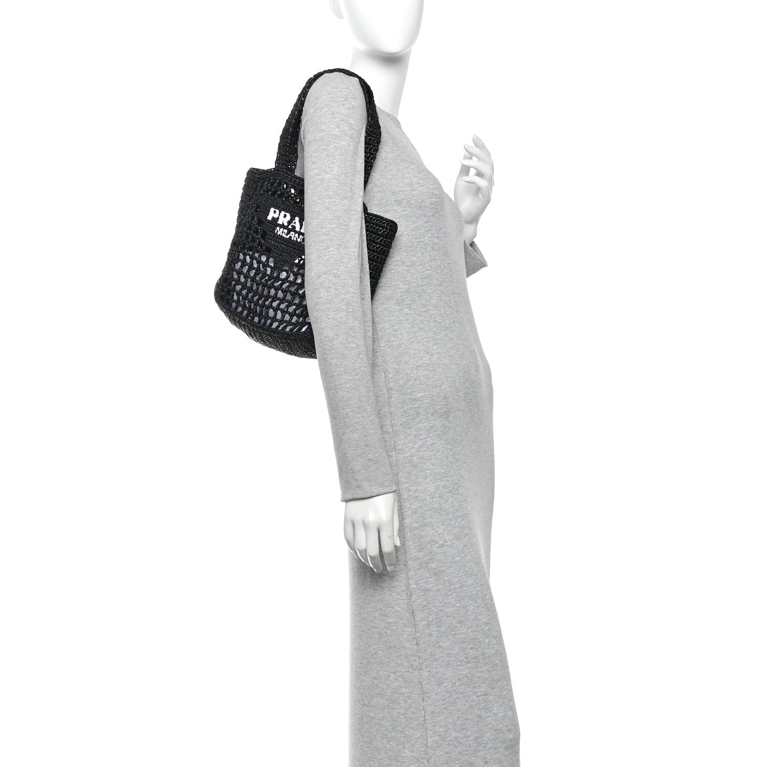 Prada Yarn Raffia Effect Crochet Logo Embroidered Small Tote Bag Black 2 of 9