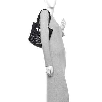 Prada Yarn Raffia Effect Crochet Logo Embroidered Small Tote Bag Black 2 of 9