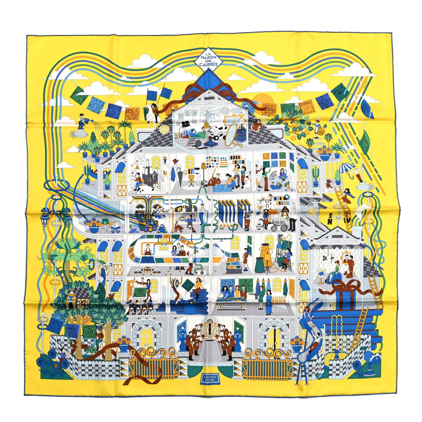 Silk La Maison des Carres Scarf 90 Jaune Vif Bleu Vert