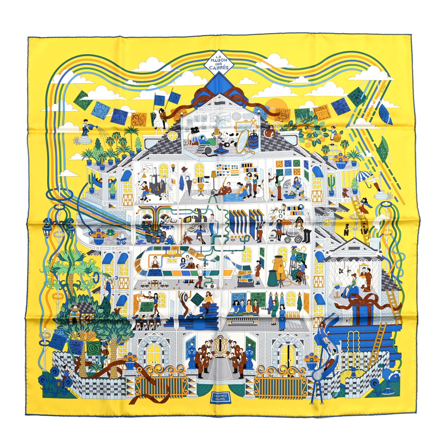 Hermes Silk La Maison des Carres Scarf 90 Jaune Vif Bleu Vert 1 of 5