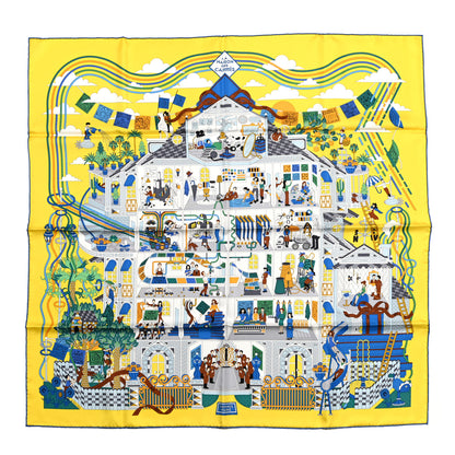 Hermes Silk La Maison des Carres Scarf 90 Jaune Vif Bleu Vert 1 of 5