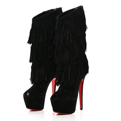 Christian Louboutin Suede Highness Tina Fringe Platform Peep Toe Boots 37.5 Black 3 of 8