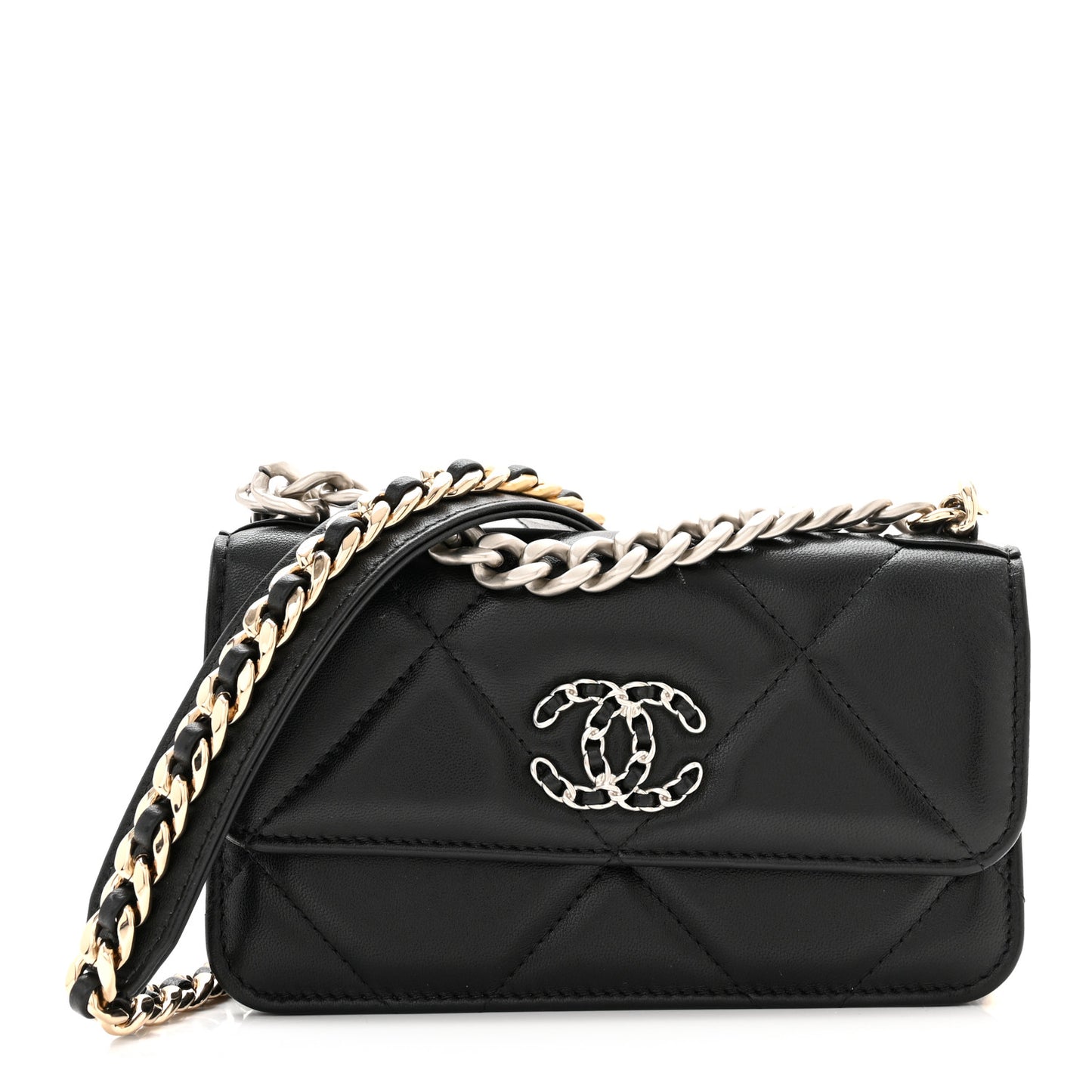 Lambskin Quilted Chanel 19 Flap Phone Holder With Chain Black