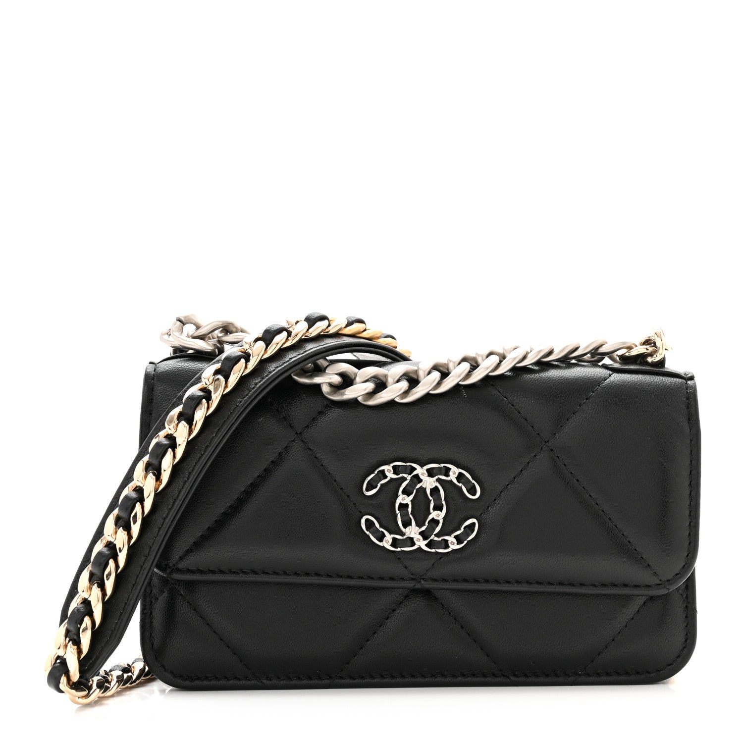 Chanel Lambskin Quilted Chanel 19 Flap Phone Holder With Chain Black 1 of 12