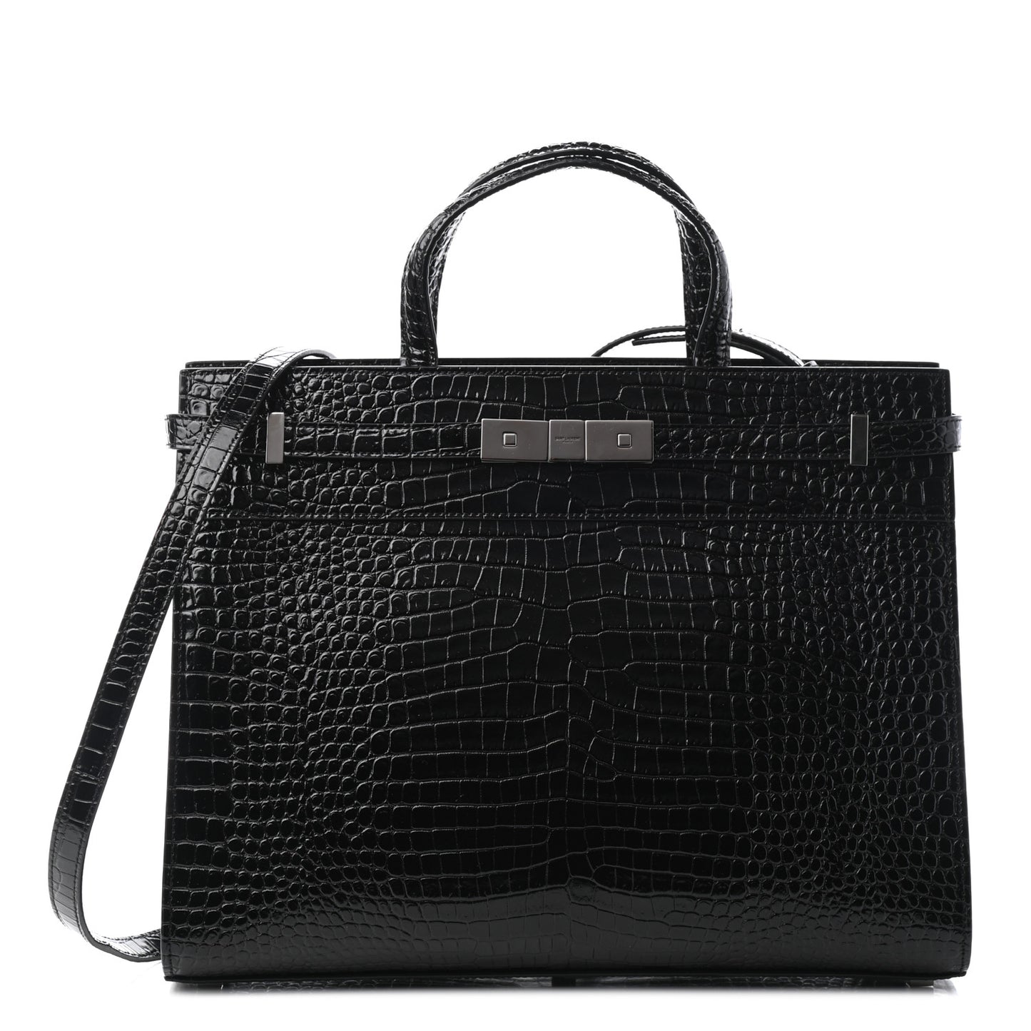 Shiny Calfskin Crocodile Embossed Small Manhattan Shopper Tote Black