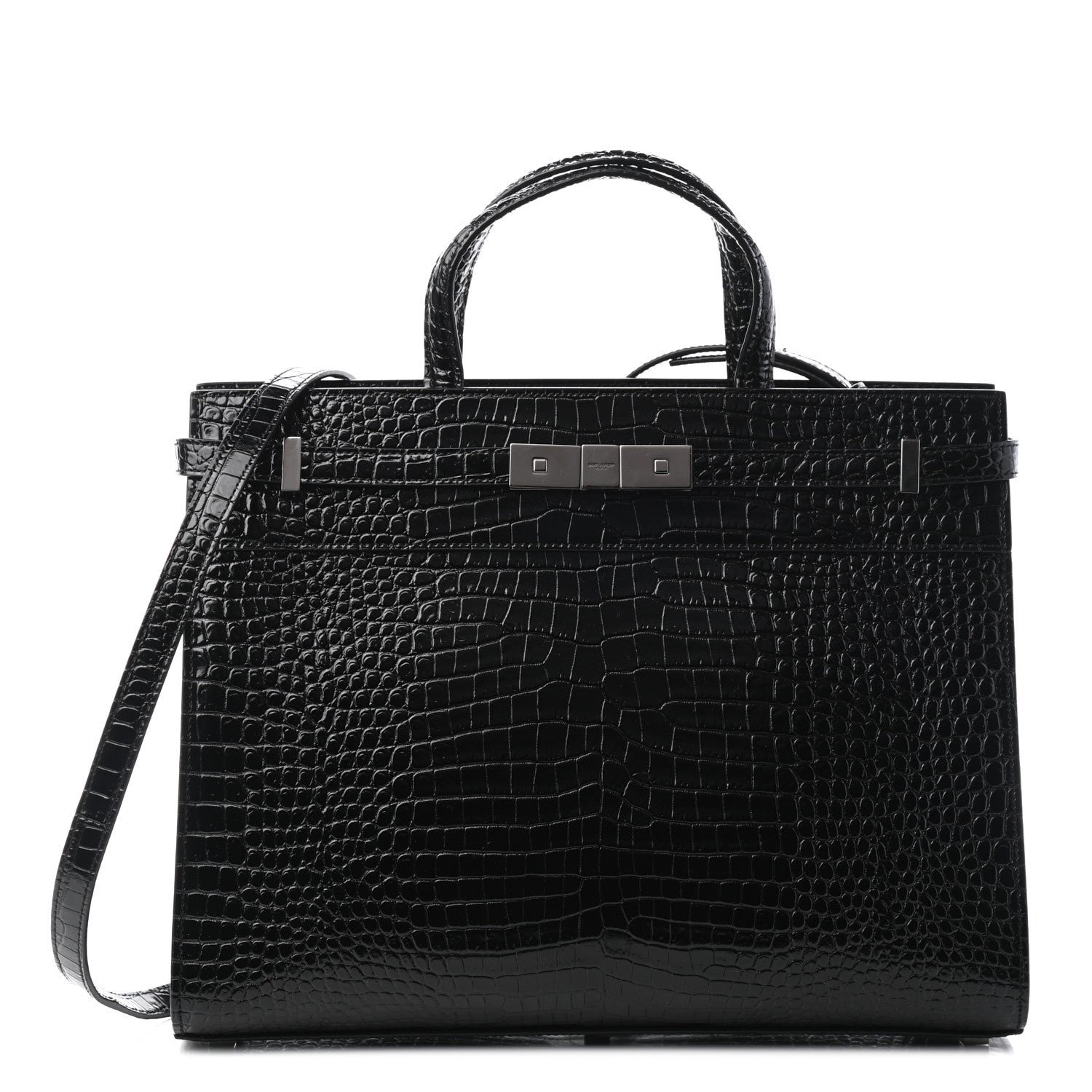 Saint Laurent Shiny Calfskin Crocodile Embossed Small Manhattan Shopper Tote Black 1 of 8