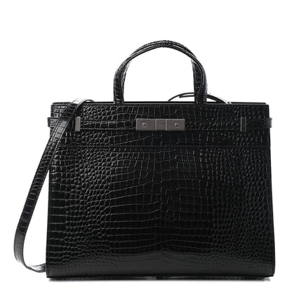Saint Laurent Shiny Calfskin Crocodile Embossed Small Manhattan Shopper Tote Black 1 of 8