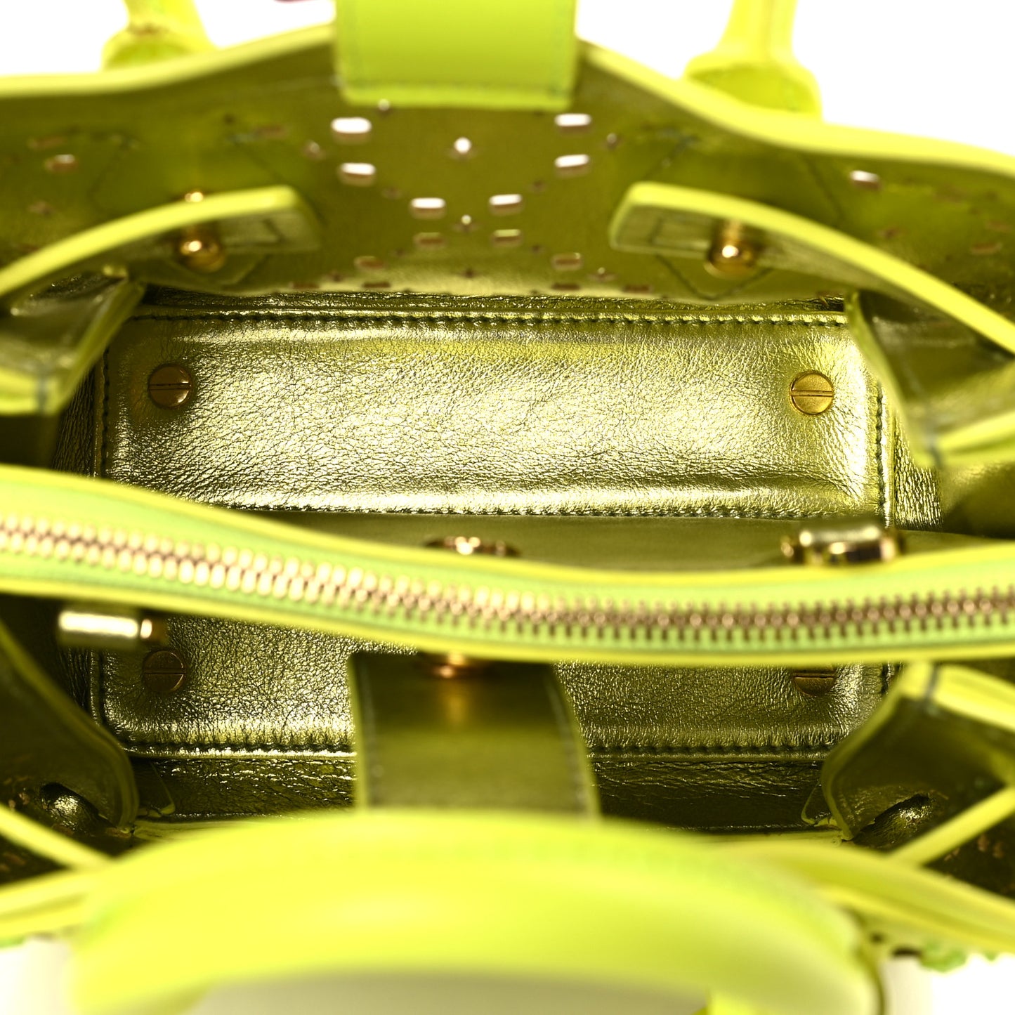 Perforated Calfskin Studded Mini Milla Tote Neon Yellow