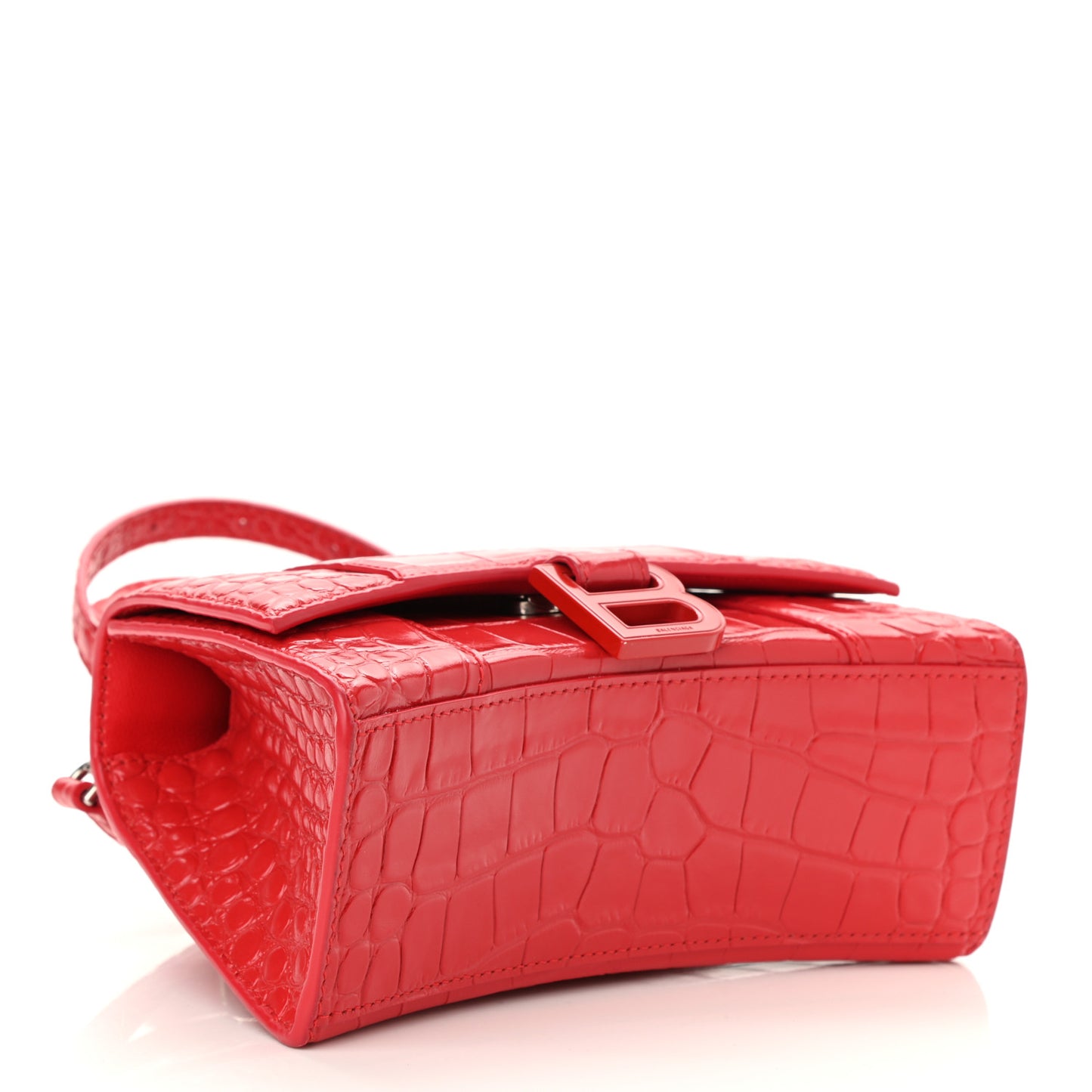Shiny Calfskin Tonal B Crocodile Embossed Hourglass Top Handle Bag XS Bright Red