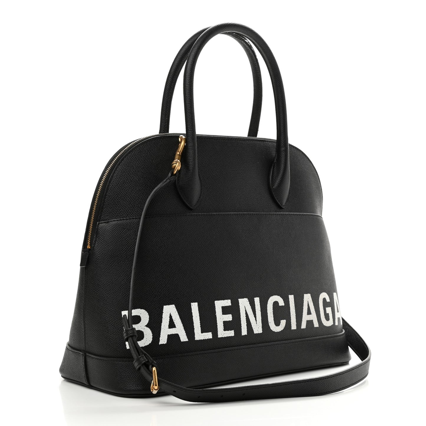 Signature Grained Calfskin Logo M Ville Top Handle Bag Black