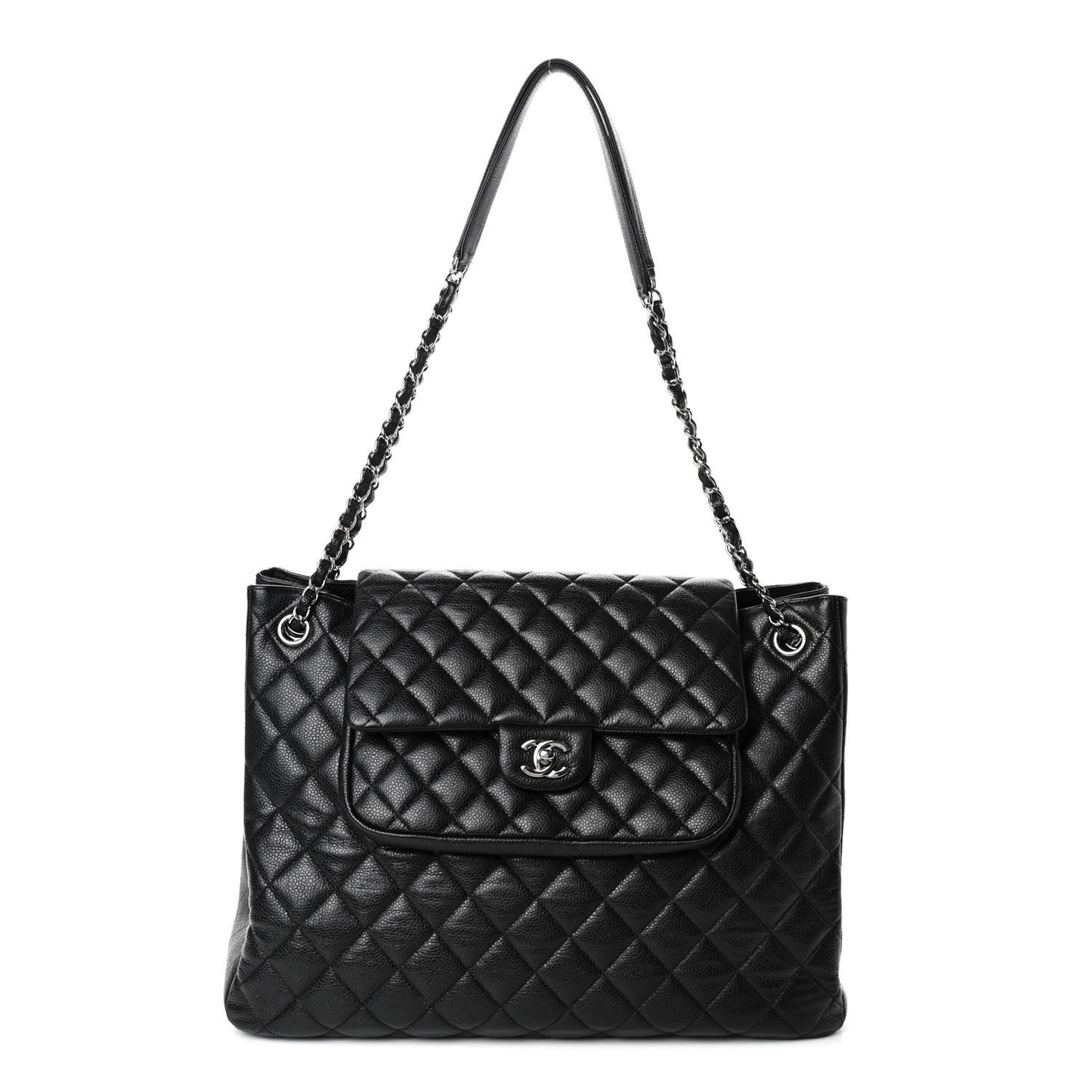 Caviar Quilted Flap Tote Black