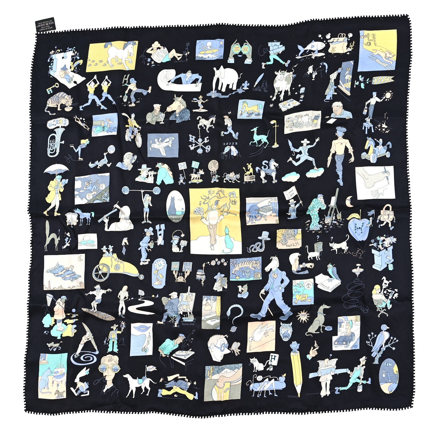 Hermes Silk Carres Libre Scarf 70 Black Bleu Jaune 1 of 3
