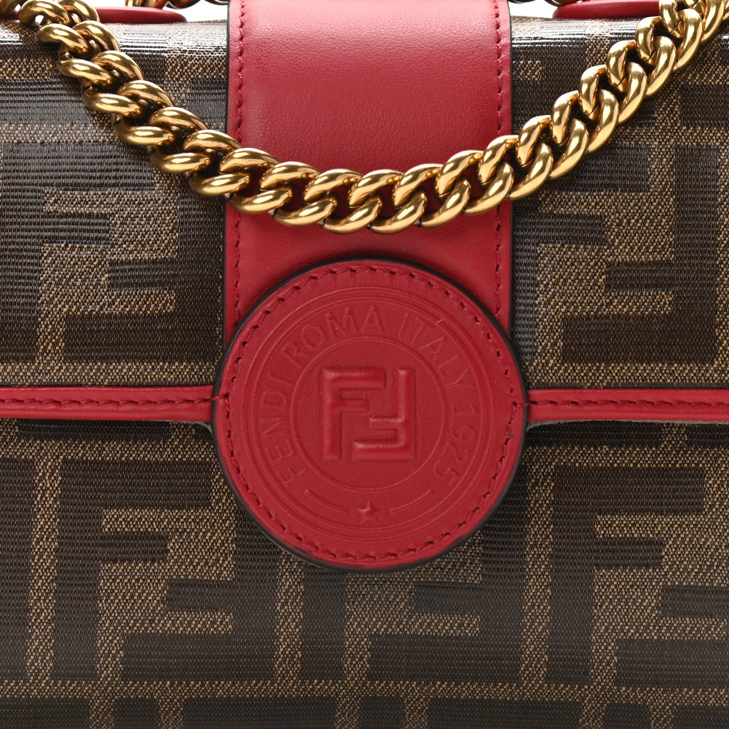 Fendi Glazed Fabric Vitello Century FF 1974 Stamp Patch Mini Double F Crossbody Bag Mogano Panna Fragola 7 of 9