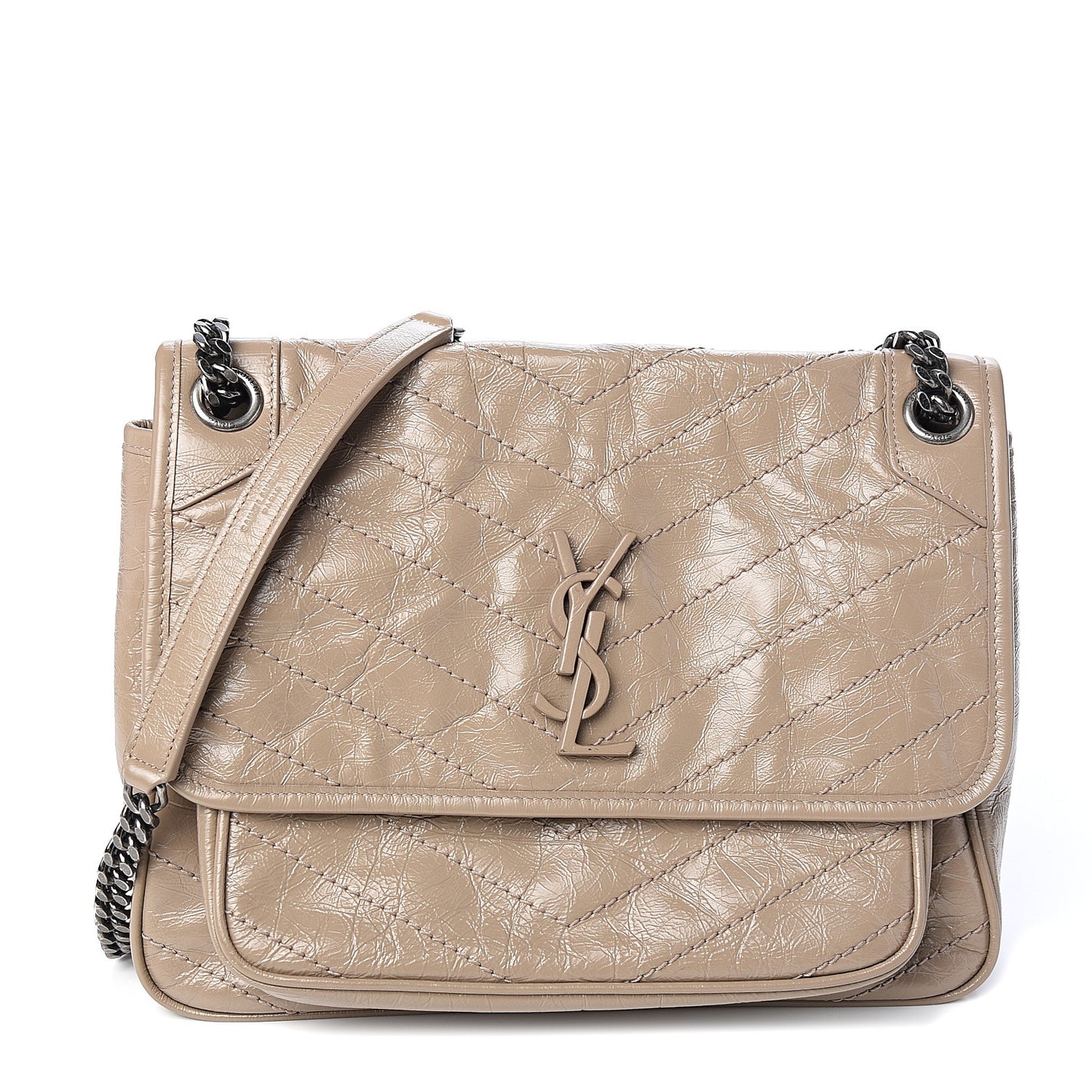 Crinkled Calfskin Matelasse Monogram Medium Niki Chain Satchel Light Taupe