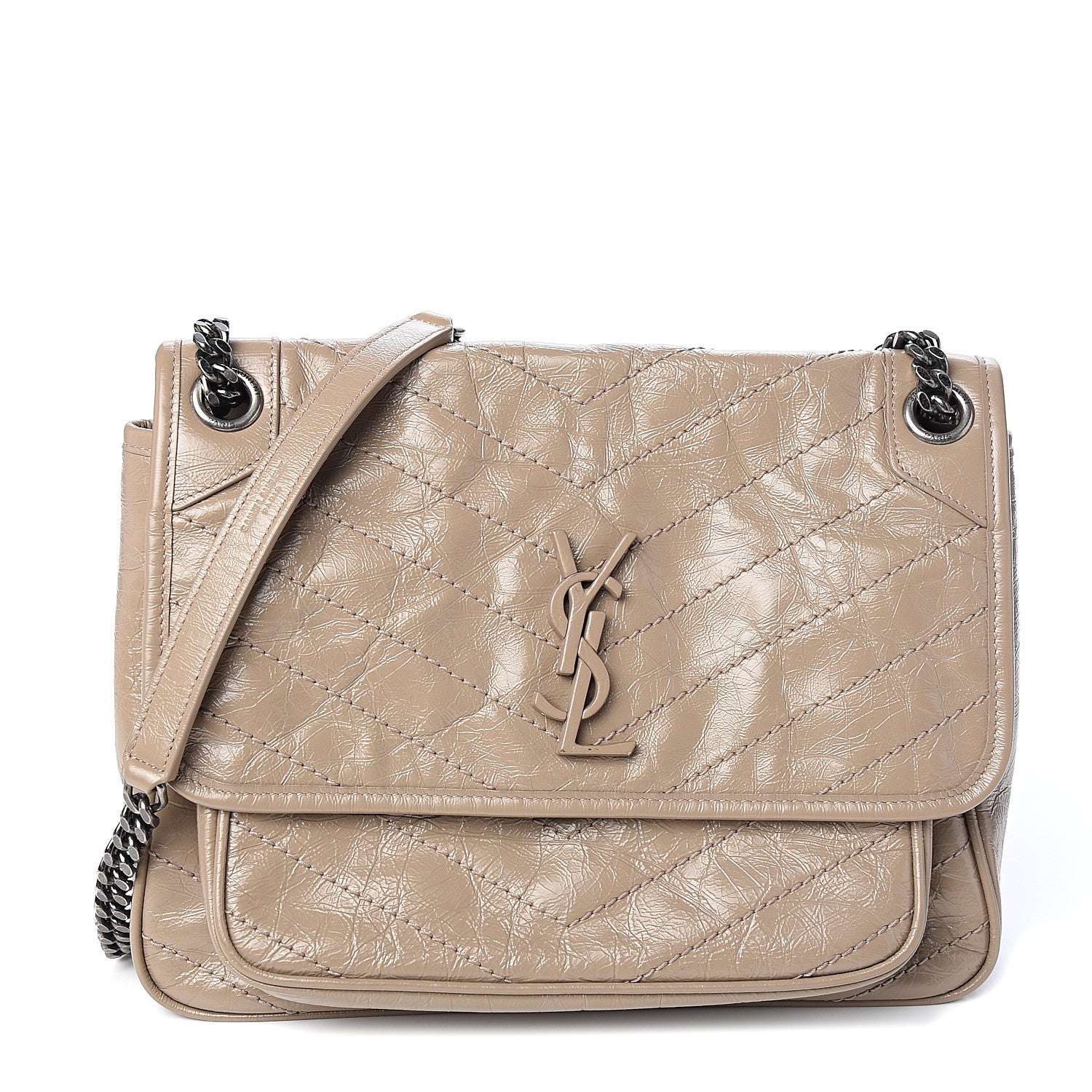 Saint Laurent Crinkled Calfskin Matelasse Monogram Medium Niki Chain Satchel Light Taupe 1 of 10