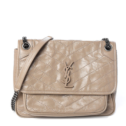 Saint Laurent Crinkled Calfskin Matelasse Monogram Medium Niki Chain Satchel Light Taupe 1 of 10