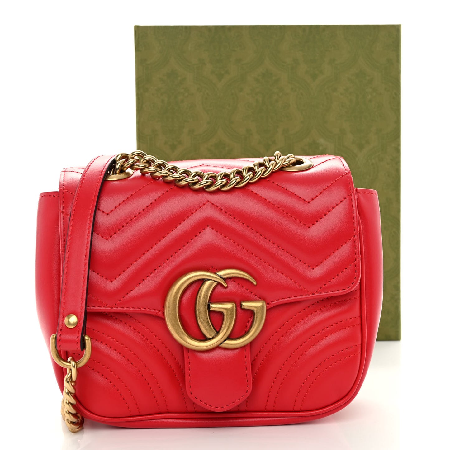 Calfskin Matelasse Mini GG Marmont Square Shoulder Bag Hibiscus Red