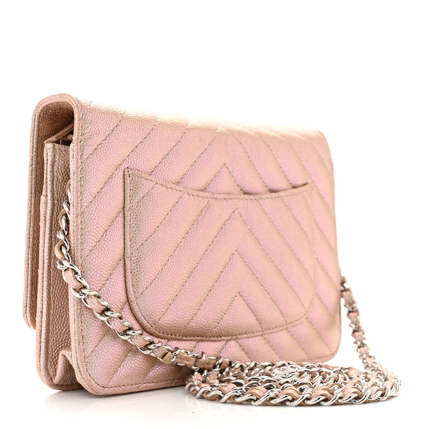 Metallic Caviar Chevron Quilted Wallet On Chain WOC Light Gold