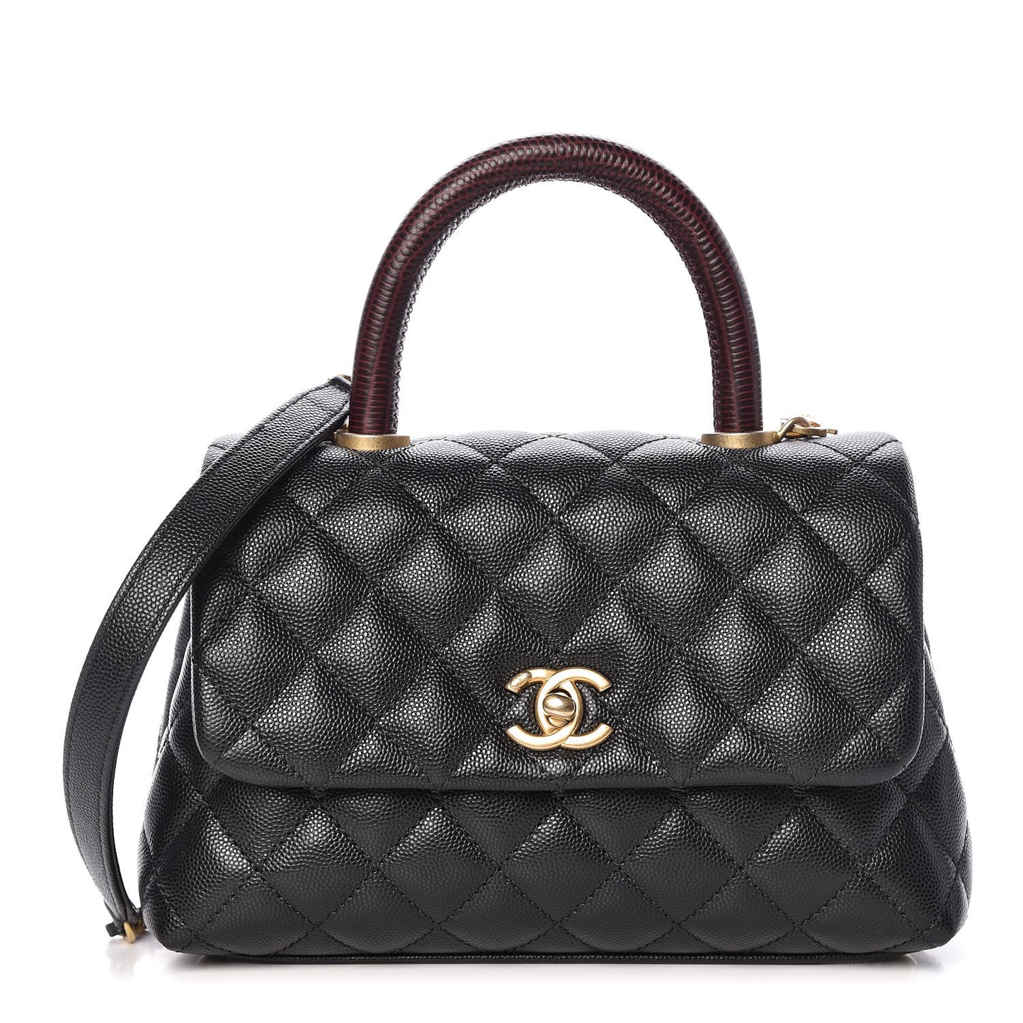 Caviar Lizard Embossed Quilted Mini Coco Handle Flap Black
