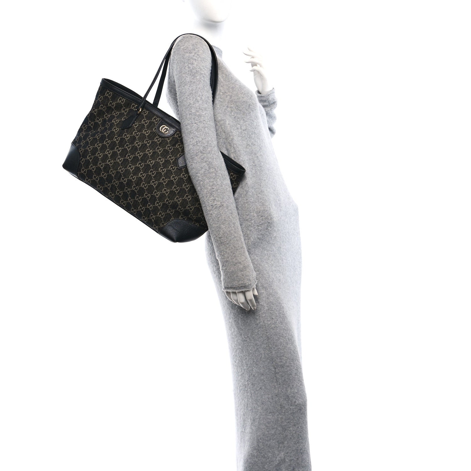 Gucci Jacquard Black Denim GG Monogram Medium Ophidia Shopping Tote Black Ivory 3 of 18