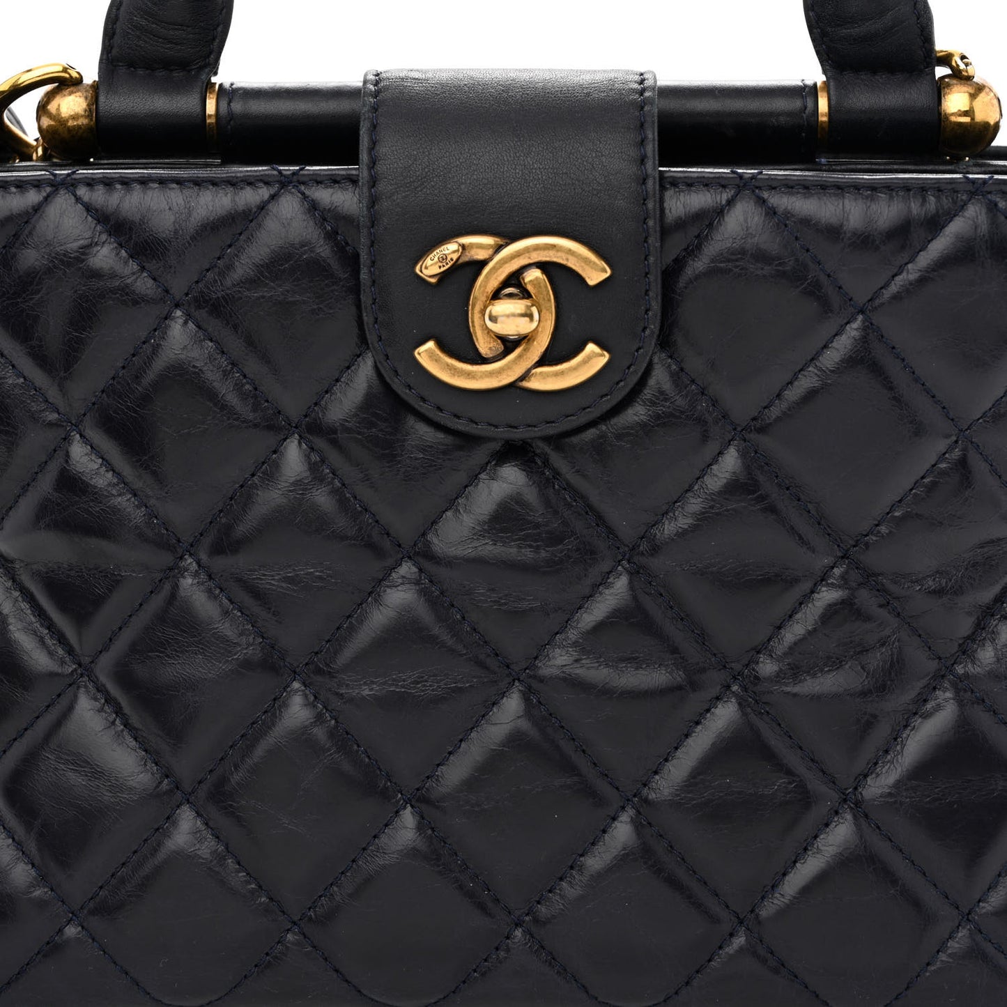 Glazed Calfskin Quilted Small Gold Bar Tote Navy Blue