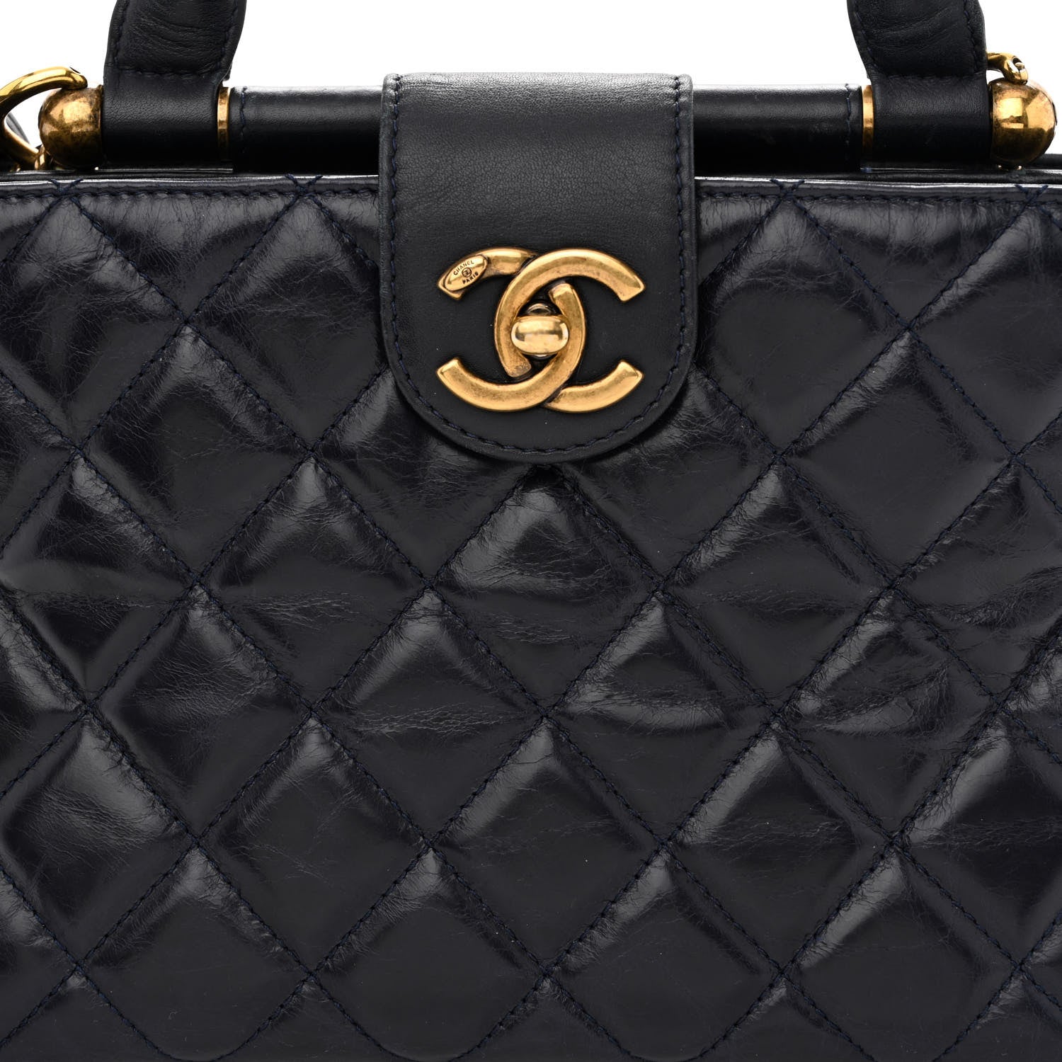 Chanel Glazed Calfskin Quilted Small Gold Bar Tote Navy Blue 9 of 14