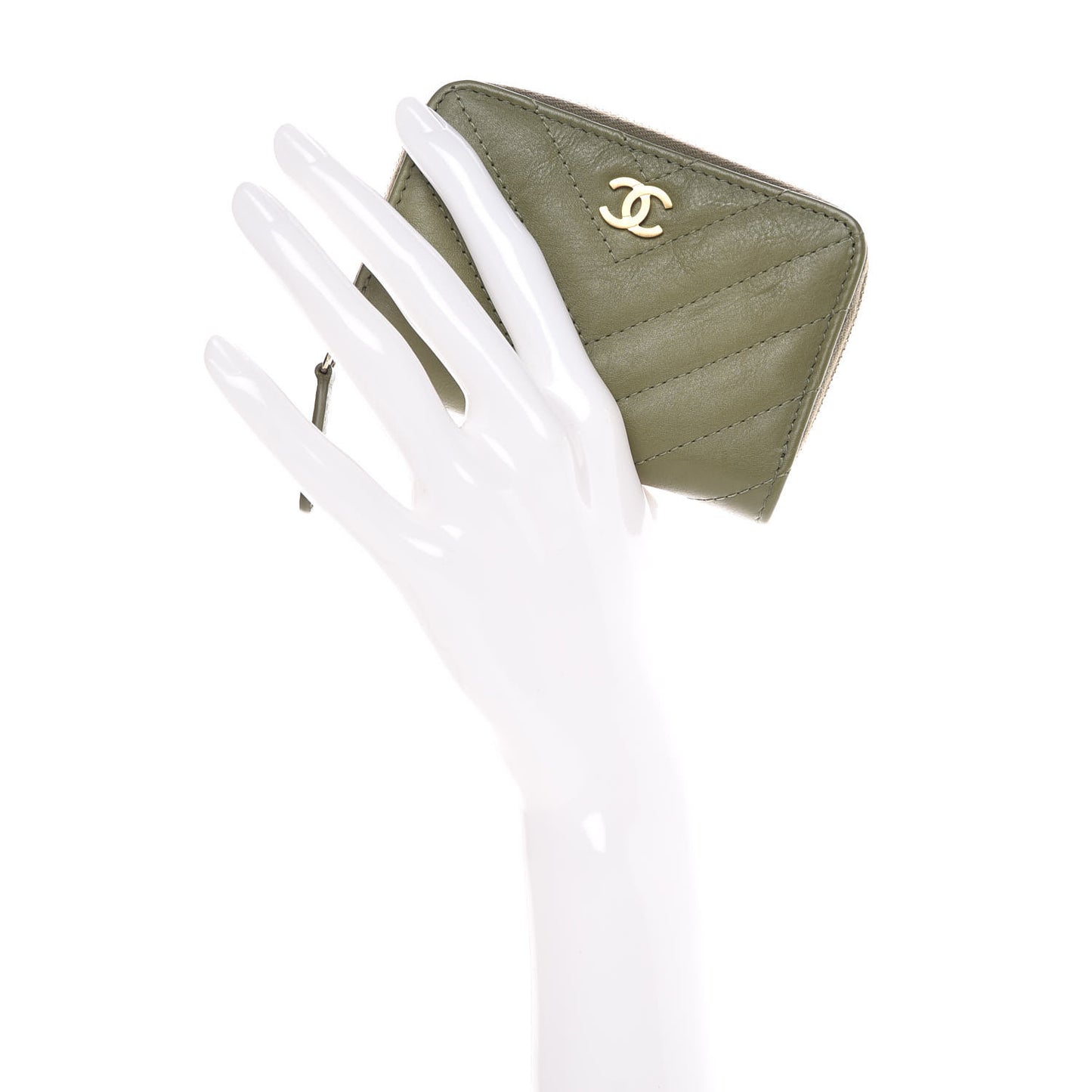 Calfskin Chevron Quilted Zip Around Coin Purse Green