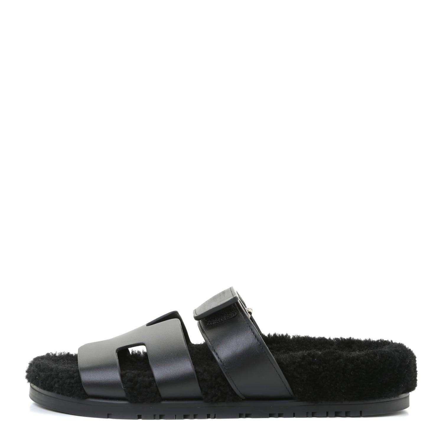 Hermes Calfskin Woolskin Womens Chypre Sandals 37 Black 1 of 10