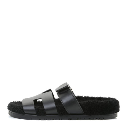 Hermes Calfskin Woolskin Womens Chypre Sandals 37 Black 1 of 10