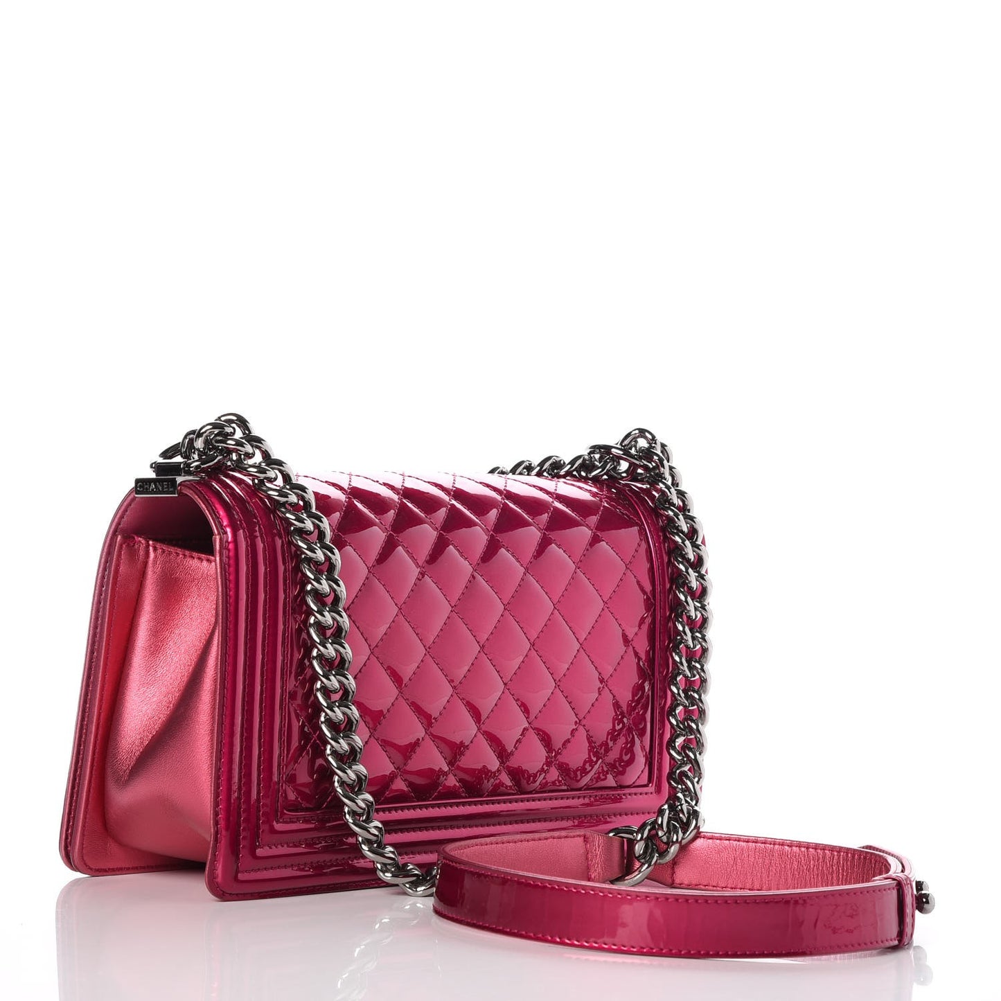 Metallic Patent Calfskin Quilted Medium Boy Flap Pink
